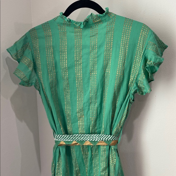 Oliphant green and gold 100% cotton button down maxi dress with pockets & sash - Picture 5 of 6